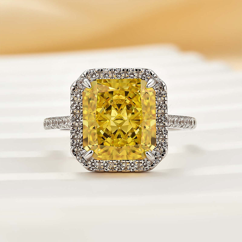 Louily Halo Yellow Stone 5.0Ct Radiant Cut Engagement Ring In Sterling Silver